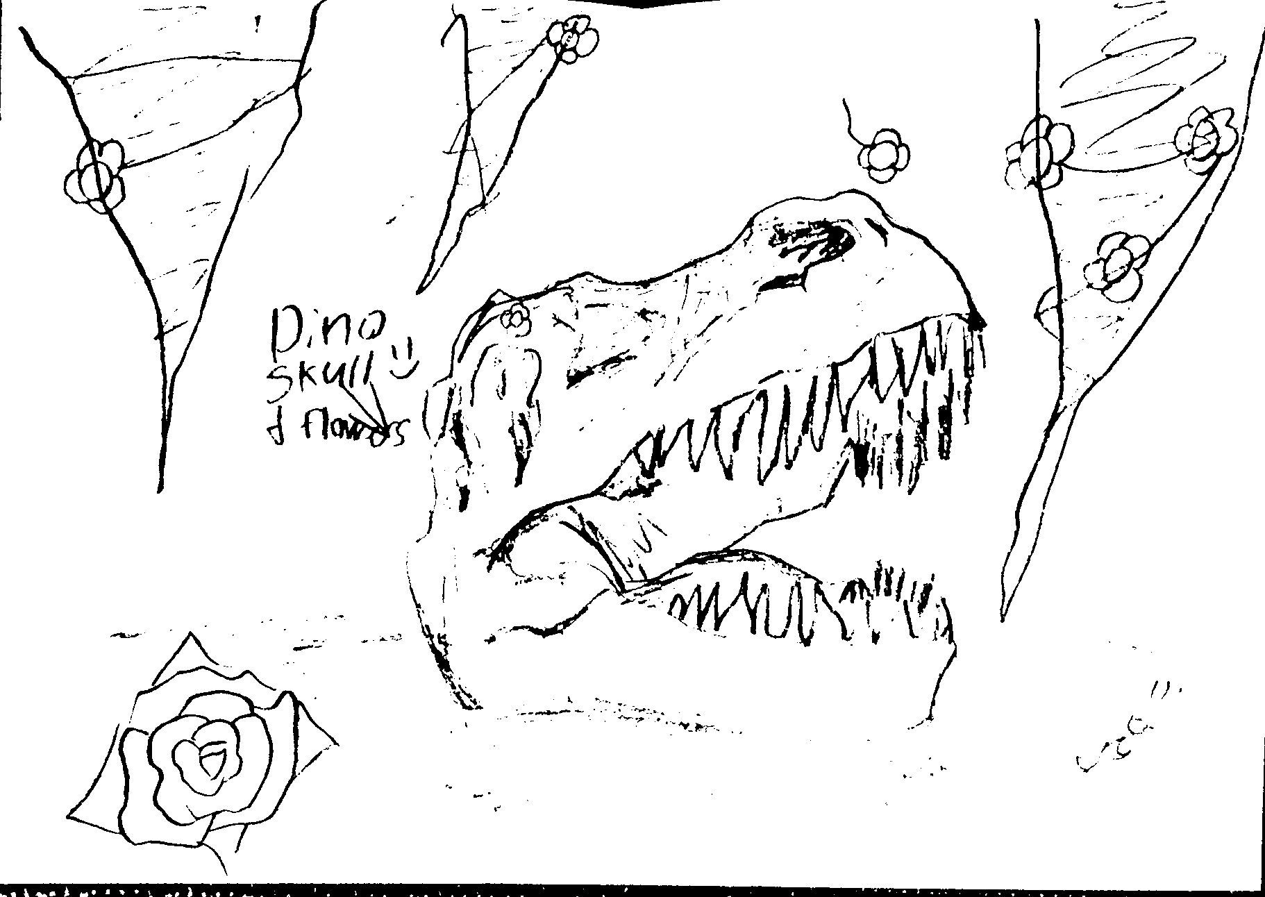 drawing of dinosaur skull and flowers drawn by Sumaria