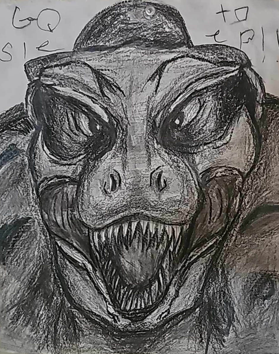 drawing of dinosaur skull and flowers drawn by Sumaria